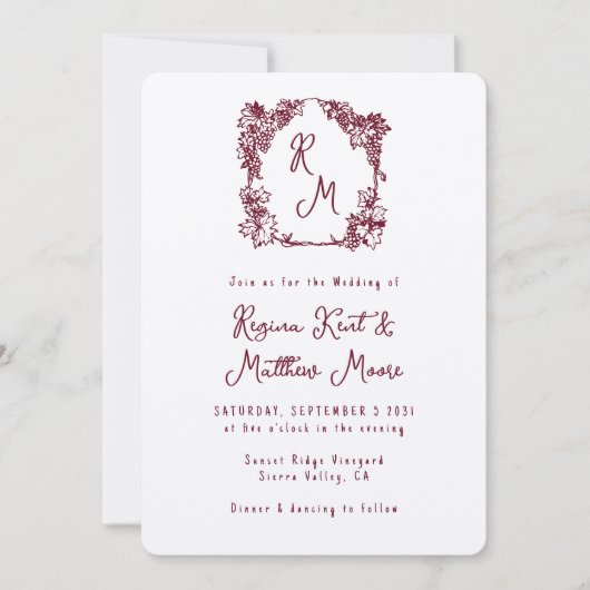 Invitation Cimier Vignoble Monogramme Bourgogne Vin Mariage (Devant)