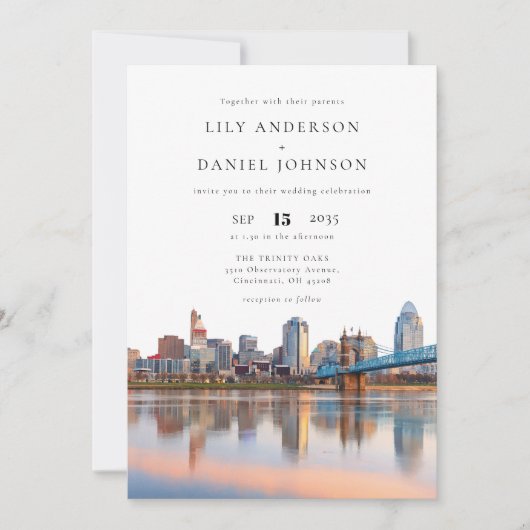 Invitation Cincinnati City Skyline Watercolor Wedding (Devant)