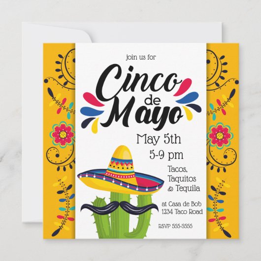 Invitation Cinco de Mayo Cactus Fleurs folkloriques (Devant)