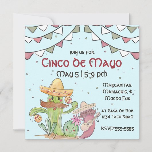 Invitation Cinco de Mayo chantant Cactus et Pepper Mariachis (Devant)