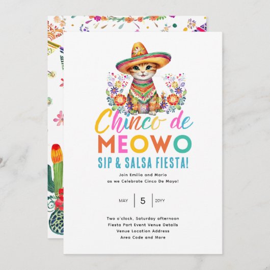 Invitation Cinco De Meowo Fun Chat Fête Heure (Devant / Derrière)