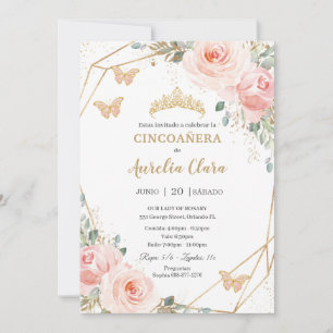 Invitation Cincoañera Blush rose Floral Papillons Princesse