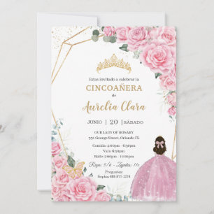 Invitation Cincoañera Rose Roses Floral Gold Princess Crown