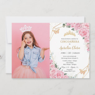 Invitation Cincoañera Roses roses rose Papillons floraux Phot