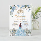 Invitation Cinderella Blue Floral Gold Princesse Quinceanera (Debout devant)