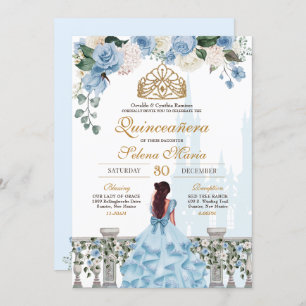 Invitation Cinderella Blue Floral Gold Princesse Quinceanera