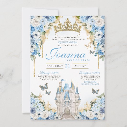 Invitation Cinderella Blue Gold Princess Castle Quinceanera (Devant)