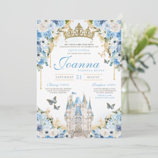 Invitation Cinderella Blue Gold Princess Castle Quinceanera (Debout devant)