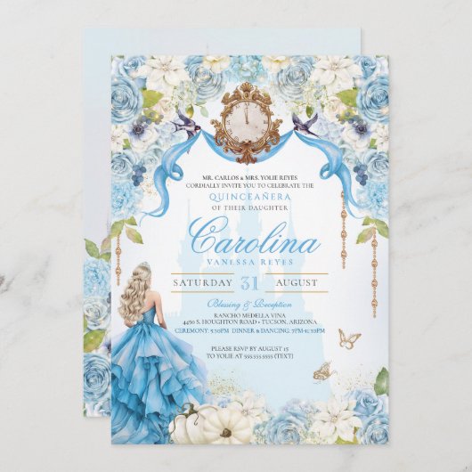 Invitation Cinderella Blue & Gold Princess Quinceanera de lux (Devant / Derrière)