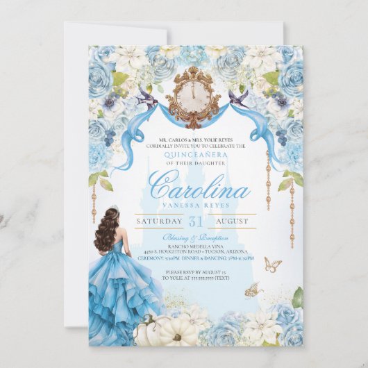 Invitation Cinderella Blue & Gold Princess Quinceanera de lux (Devant)