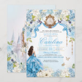 Invitation Cinderella Blue & Gold Princess Quinceanera de lux (Devant / Derrière)