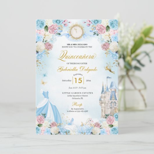 Invitation Cinderella Blue & Pink Fairytale Quinceanera (Debout devant)