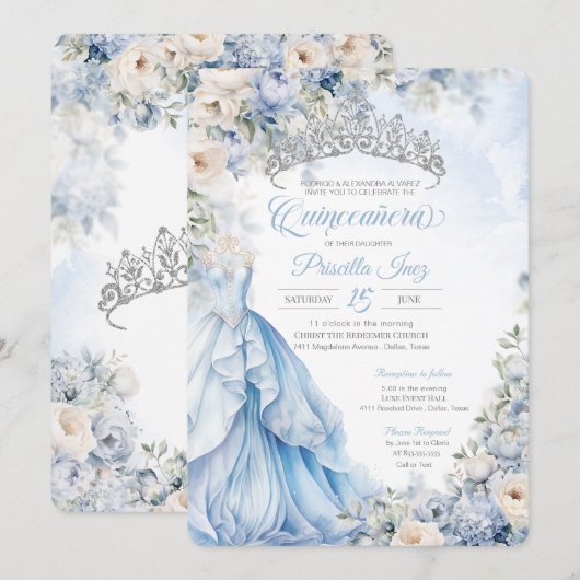 Invitation Cinderella Blue Princess Fairytale Quinceañera (Devant / Derrière)