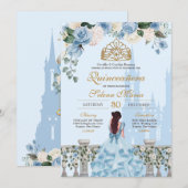 Invitation Cinderella Blue Roses & Gold Princesse Quinceanera (Devant / Derrière)