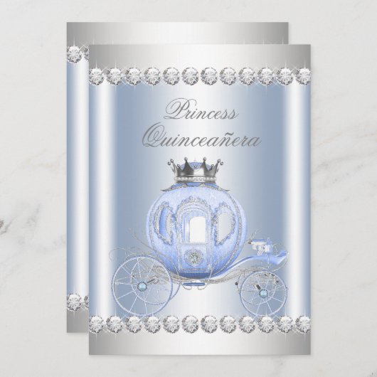 Invitation Cinderella Blue Silver Princesse Quinceanera (Devant / Derrière)