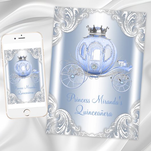 Invitation Cinderella Blue Silver Princesse Quinceanera