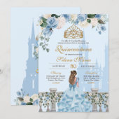 Invitation Cinderella Blue w Gold Floral Princess Quinceanera (Devant / Derrière)
