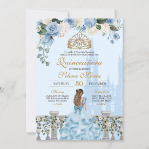 Invitation Cinderella Blue w Gold Floral Princess Quinceanera