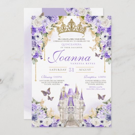 Invitation Cinderella Lavande violette princesse Quinceanera (Devant / Derrière)