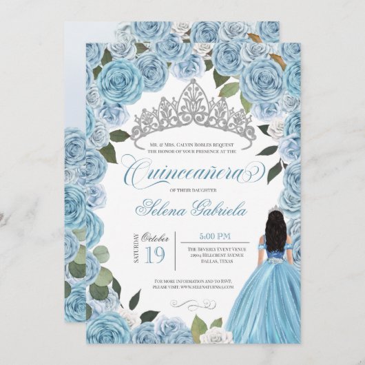 Invitation Cinderella Princess Ball Blue Roses V2 Quinceanera (Devant / Derrière)