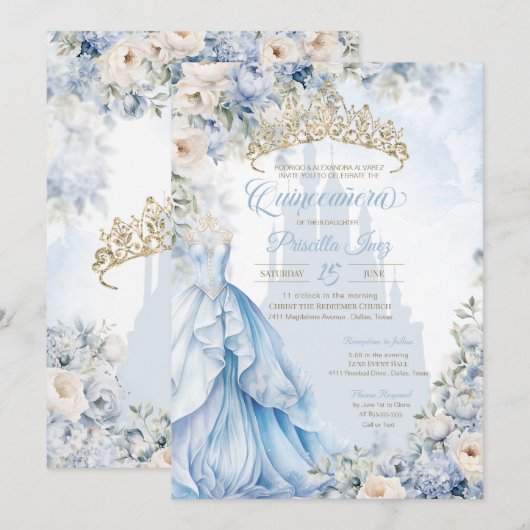 Invitation Cinderella Princess Blue Fairytale Quinceañera (Devant / Derrière)