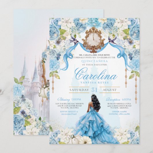 Invitation Cinderella Quinceañera Blue Gold Luxe Anniversaire (Devant / Derrière)