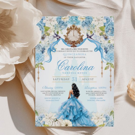 Invitation Cinderella Quinceanera Luxe Blue Gold Anniversaire