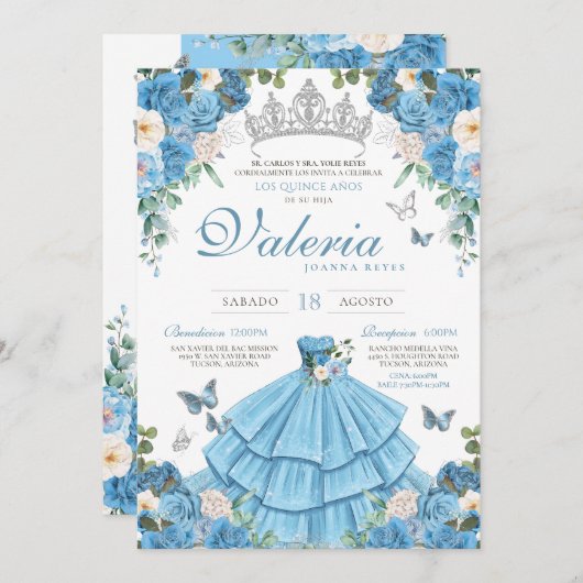 Invitation Cinderlla Blue Silver Elégante Princesse Quinceañe (Devant / Derrière)