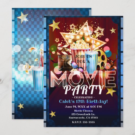 Invitation Cinéma Films Soirée Cinéma Fête d'anniversaire (Devant / Derrière)