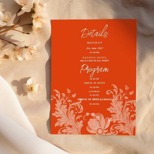 Invitation Cinnamon orange white floral lace Details Program