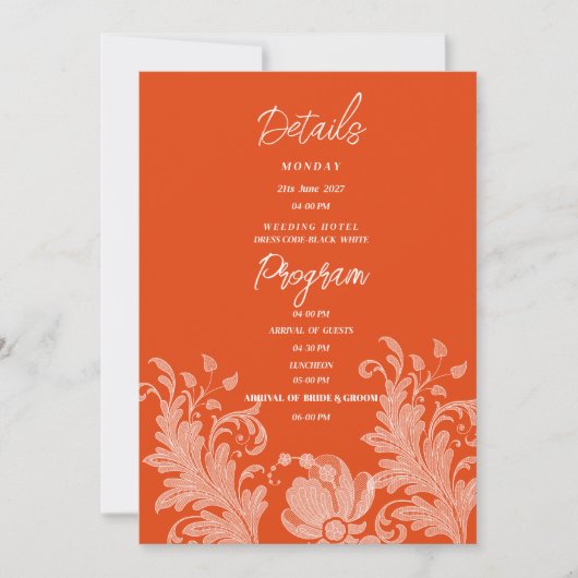 Invitation Cinnamon orange white floral lace Details Program (Devant)