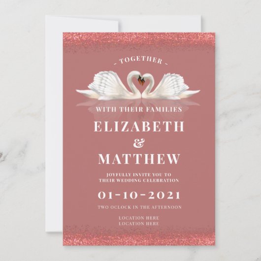 Invitation Cinnamon Rose rose couleur thème avec Mariage Swan (Devant)