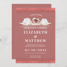 Invitation Cinnamon Rose rose couleur thème avec Mariage Swan