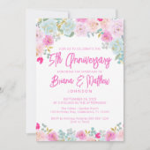 Invitation Cinq ans de mariage Fleurs rose et bleu (Devant)