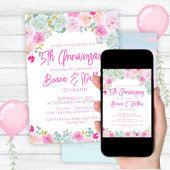 Invitation Cinq ans de mariage Fleurs rose et bleu