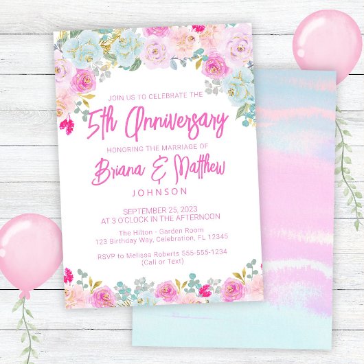 Invitation Cinq ans de mariage Fleurs rose et bleu