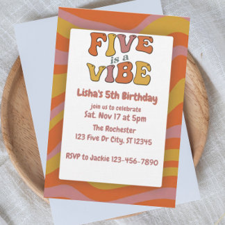 Invitation Cinq est une ambiance, rose orange jaune 5e annive