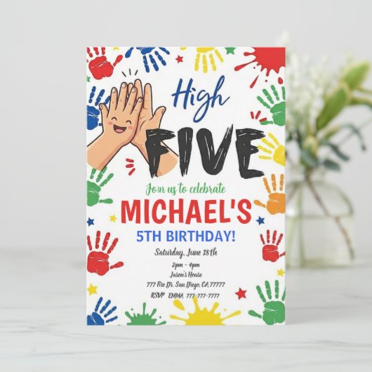 Invitation Cinq sur Cinq Anniversaire Hi Five Fête d'annivers (Debout devant)