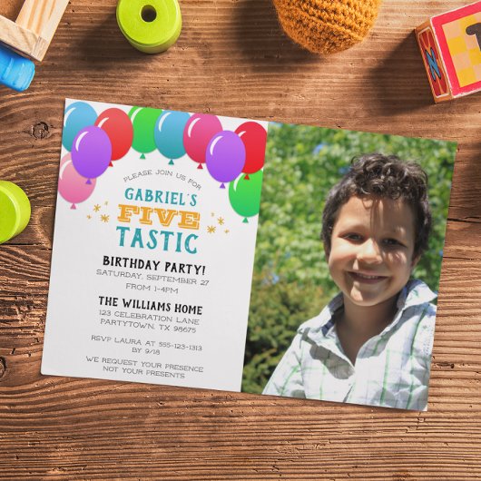 Invitation CINQtastic 5e anniversaire Ballons photo bleu