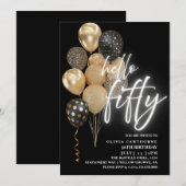 Invitation Cinquante 50e anniversaire Ballons Noir et or (Devant / Derrière)