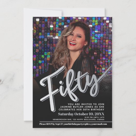 Invitation Cinquante-50ème anniversaire script photo noir sli (Devant)