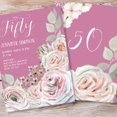Invitation Cinquante Anniversaire rose floral blanc texte