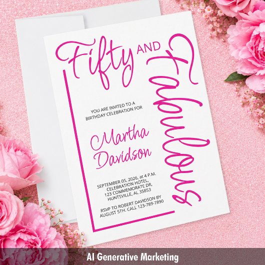 Invitation Cinquante ans et Fabuleux Écriture Rose 50e Annive
