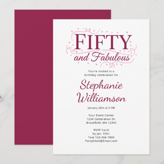 Invitation Cinquante ans et Fabuleux Noir Baies Rose Script (Devant / Derrière)