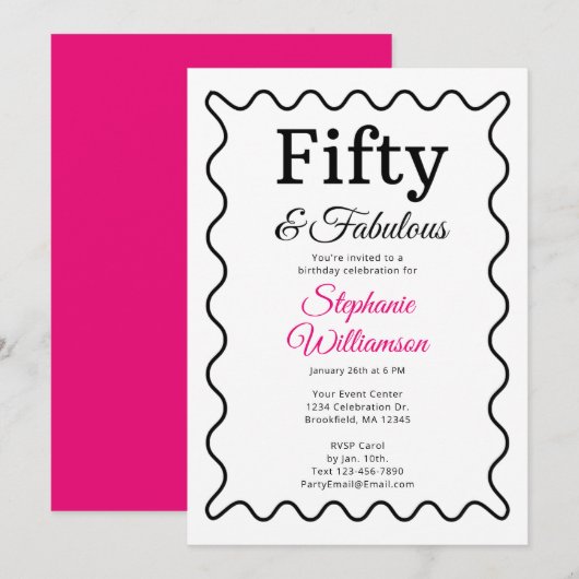 Invitation Cinquante ans et Fabuleux Noir et Rose Script (Devant / Derrière)