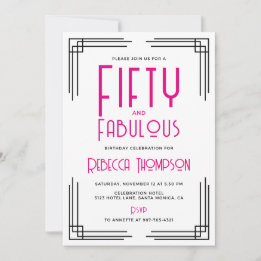 Invitation Cinquante ans et Fabuleux Rose Chaud Art Déco 50e