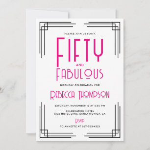 Invitation Cinquante ans et Fabuleux Rose Chaud Art Déco 50e