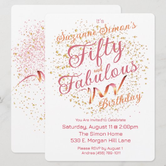 Invitation Cinquante ans et Fabuleux Rose et Or Paillettes (Devant / Derrière)