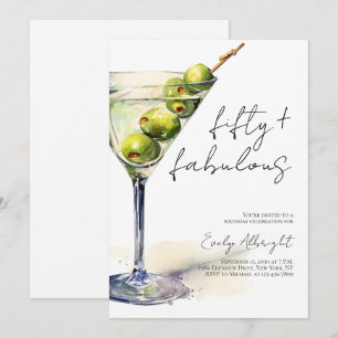 Invitation Cinquante ans et Fabuleux Script Aquarelle Martini