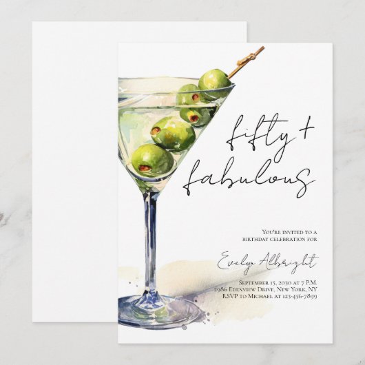 Invitation Cinquante ans et Fabuleux Script Aquarelle Martini (Devant / Derrière)